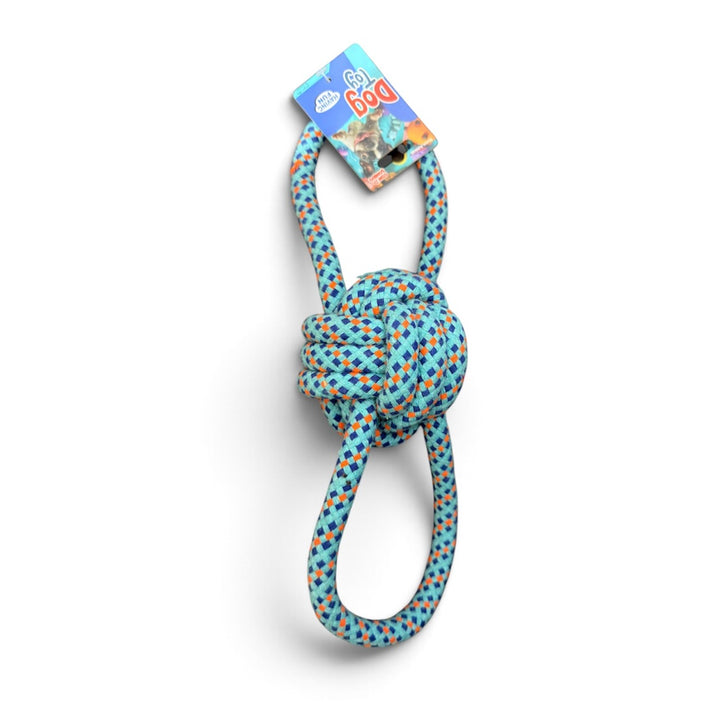 Juguete de cuerda celeste con pelota de nudo y dos asas para perros, 32 cm
