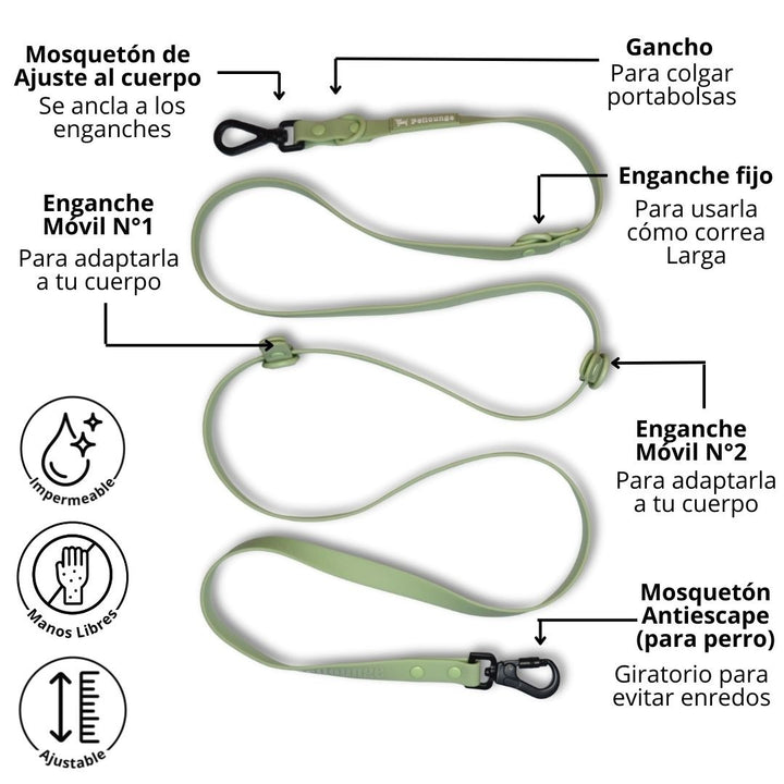 Pet Lounge Correa Perro Manos Libres Multiuso 5 en 1 Verde