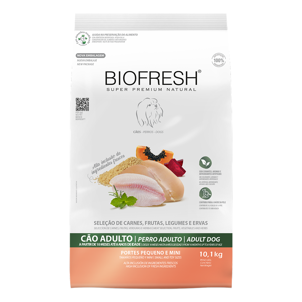 Biofresh perro adulto razas pequeñas y mini 10.1 kg alimento seco, vista frontal del empaque