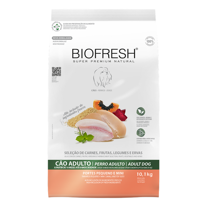 Biofresh perro adulto razas pequeñas y mini 10.1 kg alimento seco, vista frontal del empaque