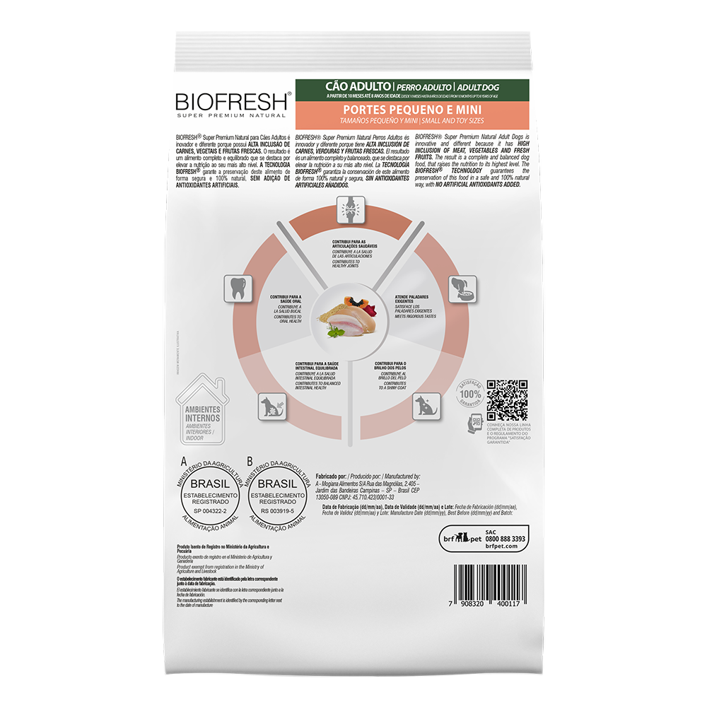 Biofresh perro adulto razas pequeñas y mini 10.1 kg alimento seco, cara trasera con la tabla de alimentación