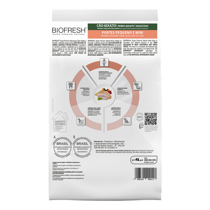 Biofresh perro adulto razas pequeñas y mini 10.1 kg alimento seco, cara trasera con la tabla de alimentación