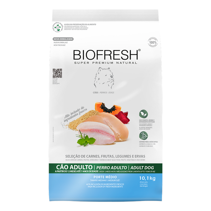 Biofresh perro adulto razas medianas 10.1 kg alimento seco, vista frontal del empaque