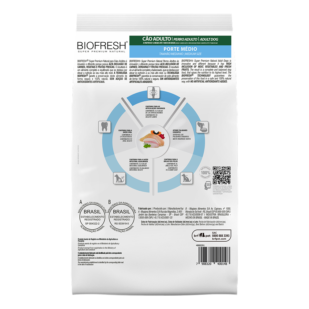 Biofresh perro adulto razas medianas 10.1 kg alimento seco, cara trasera con la tabla de alimentación