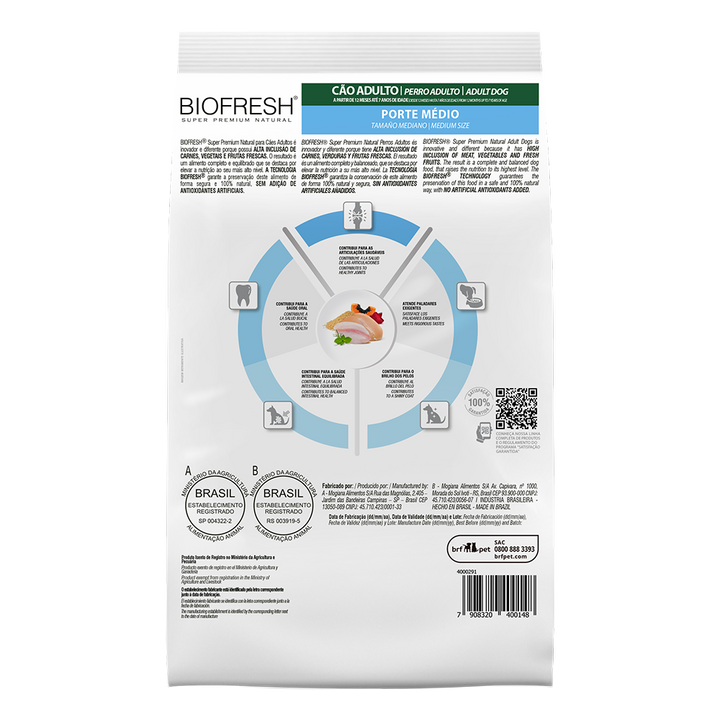Biofresh perro adulto razas medianas 10.1 kg alimento seco, cara trasera con la tabla de alimentación