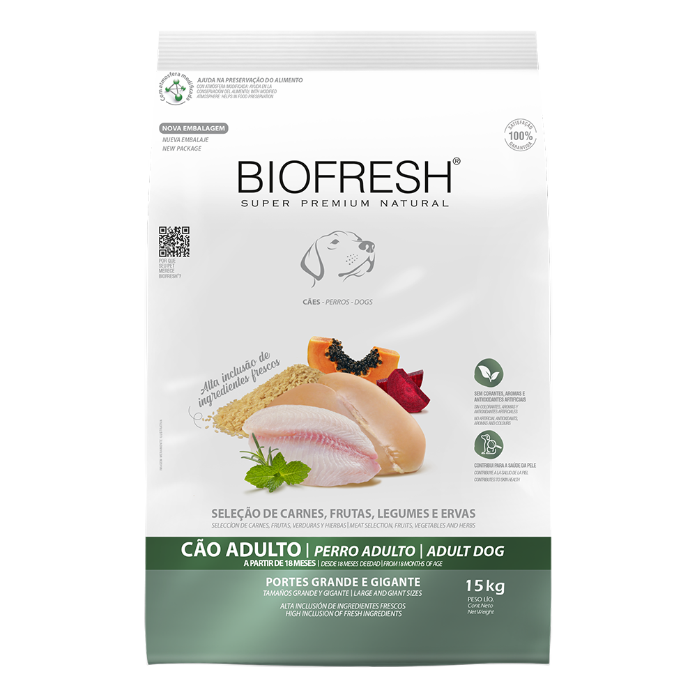 Biofresh perro adulto razas grandes y gigantes 15 kg alimento seco, vista frontal del empaque