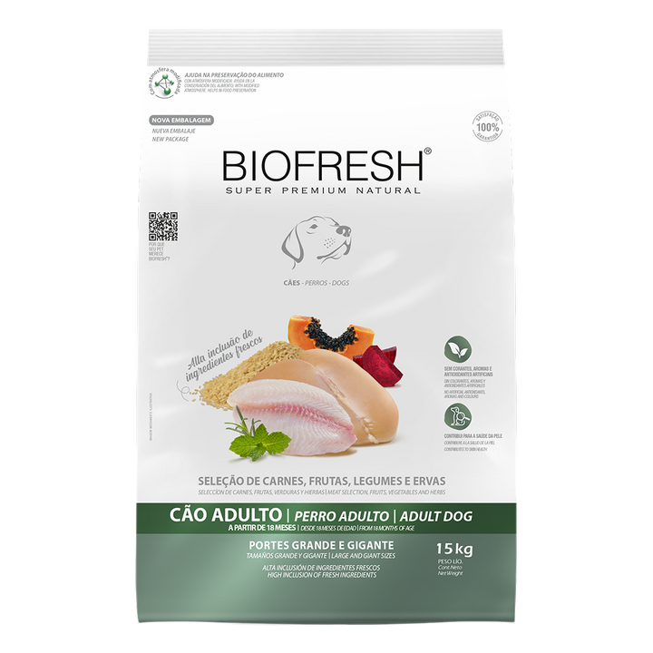 Biofresh perro adulto razas grandes y gigantes 15 kg alimento seco, vista frontal del empaque