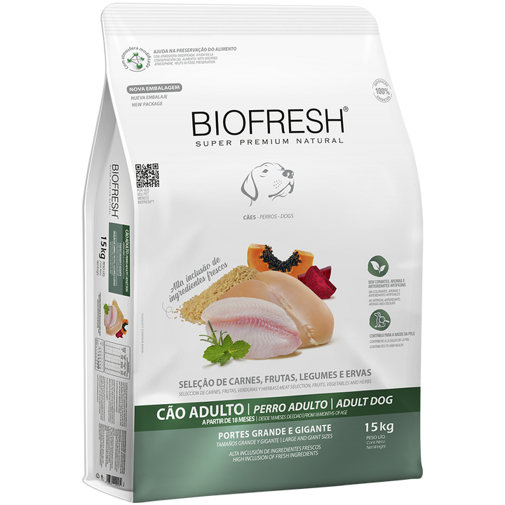 Biofresh perro adulto razas grandes y gigantes 15 kg alimento seco, empaque en perspectiva
