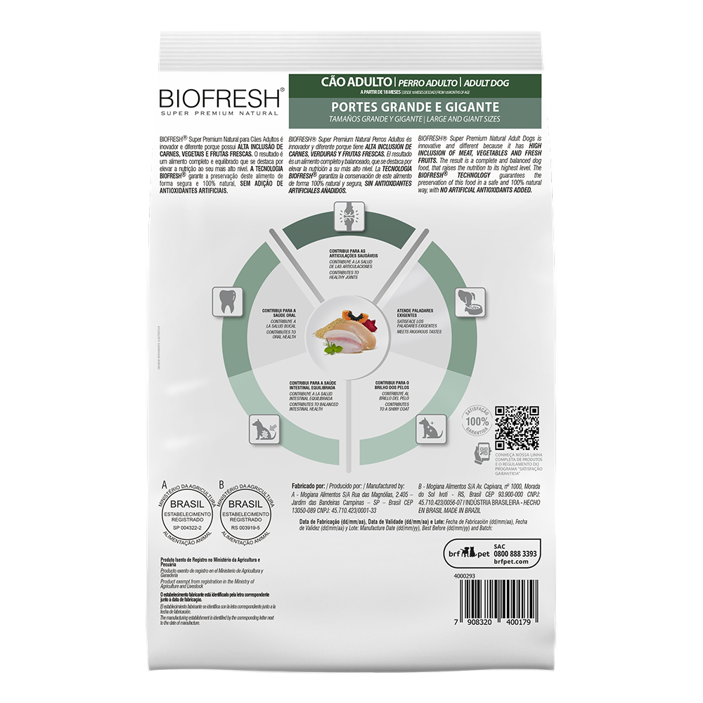 Biofresh perro adulto razas grandes y gigantes 15 kg alimento seco, cara trasera con la tabla de alimentación