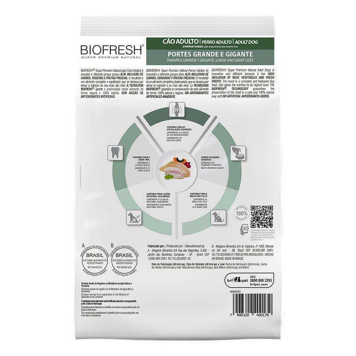 Biofresh perro adulto razas grandes y gigantes 15 kg alimento seco, cara trasera con la tabla de alimentación