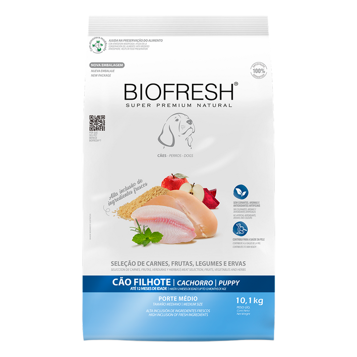 Biofresh perro cachorro razas medianas 10.1 kg alimento seco, vista frontal del empaque