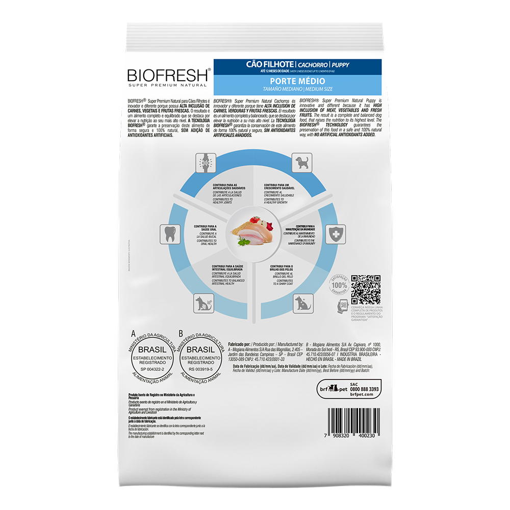 Biofresh perro cachorro razas medianas 10.1 kg alimento seco, cara trasera con la tabla de alimentación