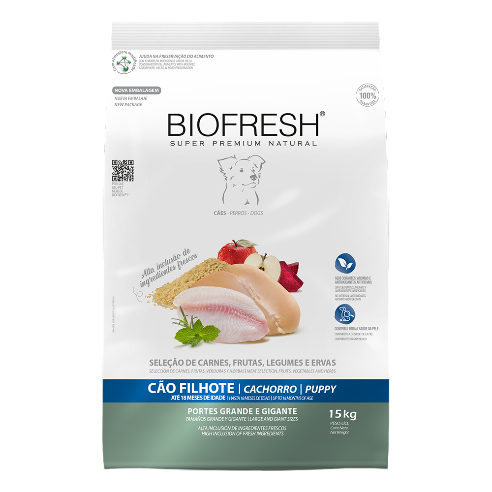 Biofresh perro cachorro razas grandes y gigantes 15 kg alimento seco, vista frontal del empaque