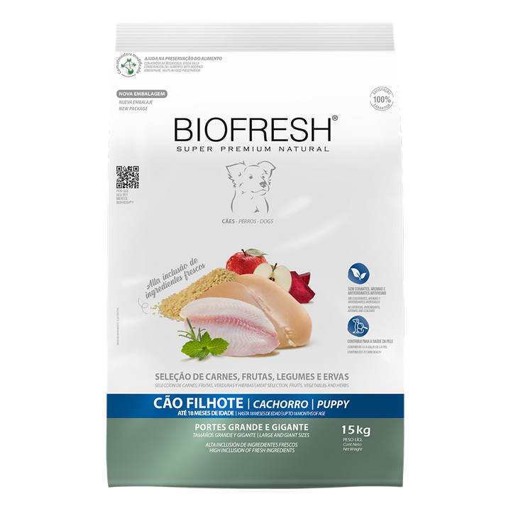 Biofresh perro cachorro razas grandes y gigantes 15 kg alimento seco, vista frontal del empaque