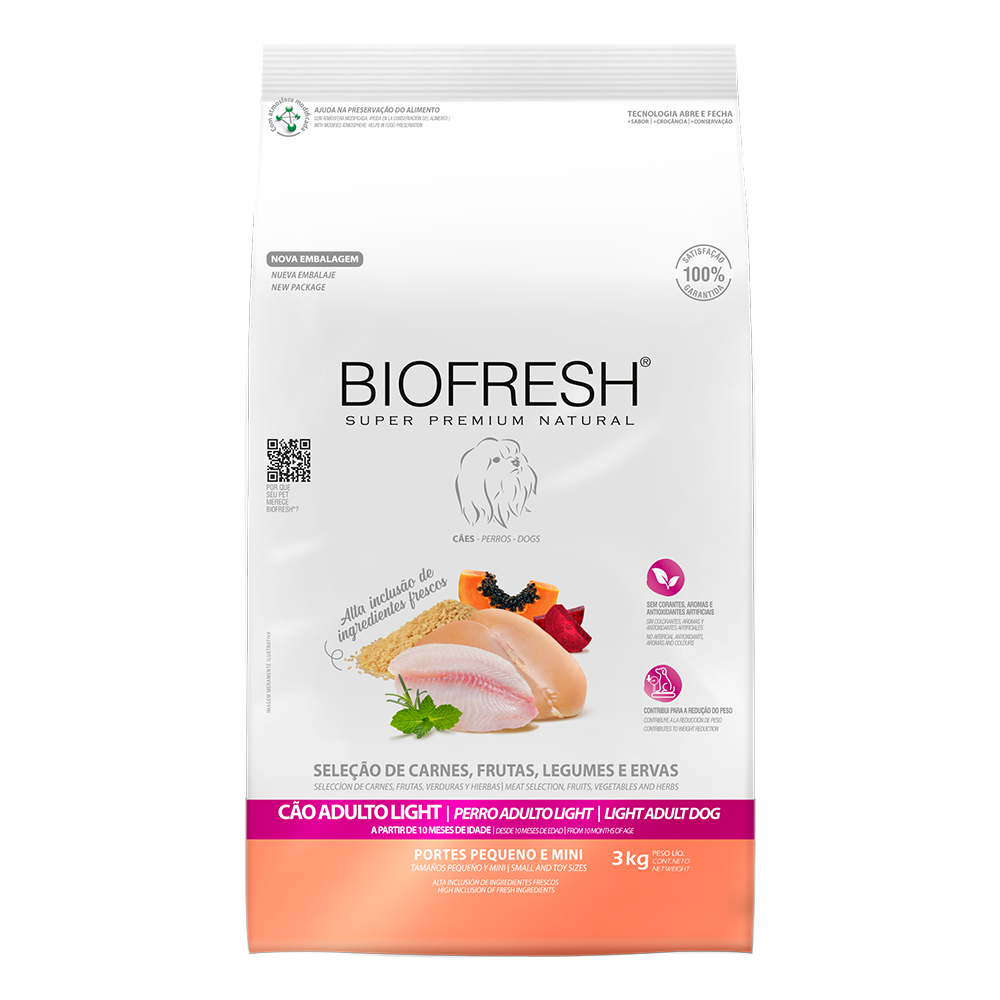 Biofresh perro adulto light razas pequeñas y mini 3 kg alimento seco, vista frontal del empaque