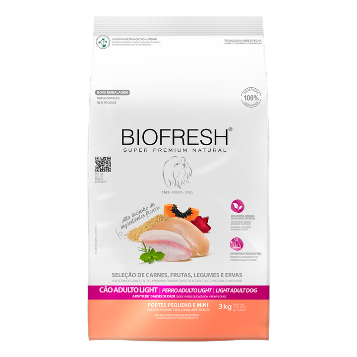 Biofresh perro adulto light razas pequeñas y mini 3 kg alimento seco, vista frontal del empaque