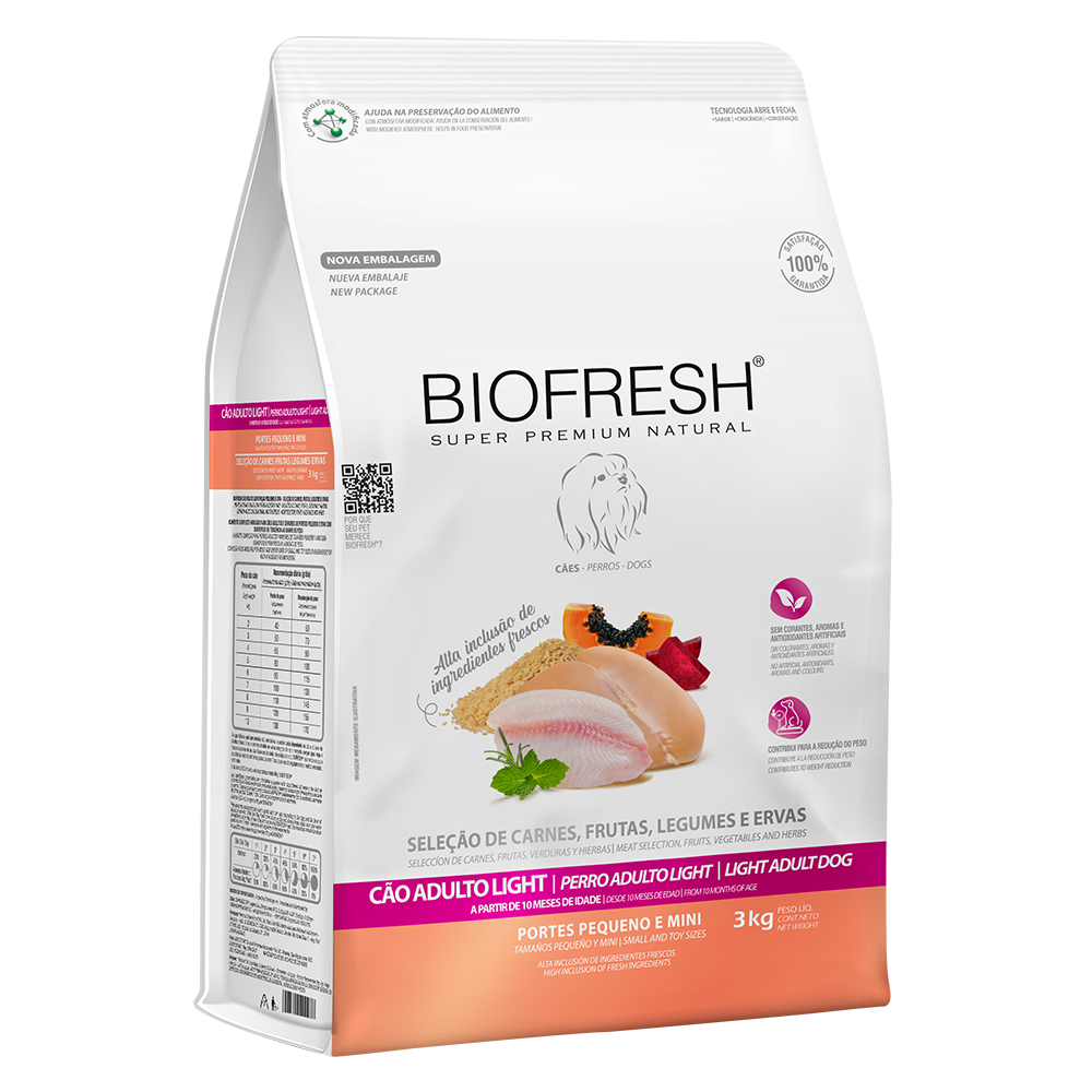 Biofresh perro adulto light razas pequeñas y mini 3 kg alimento seco, empaque en perspectiva