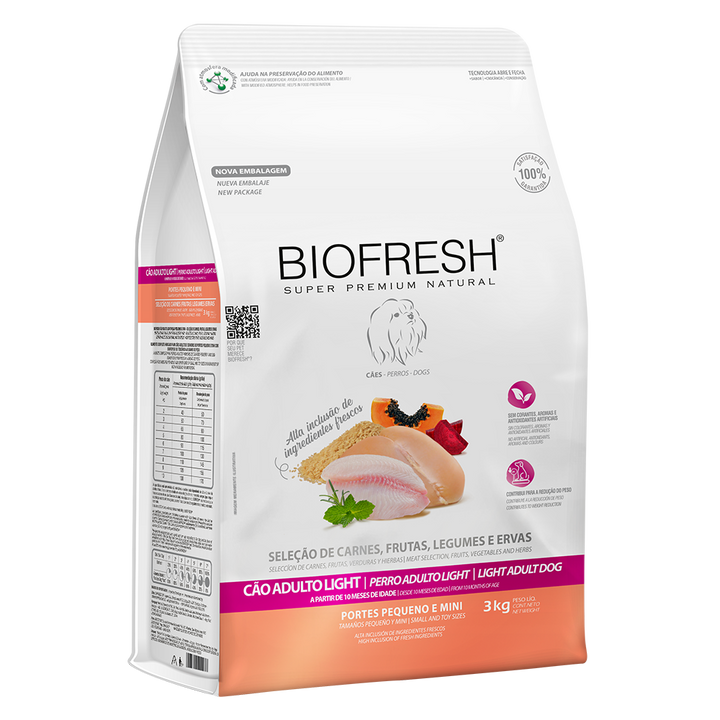 Biofresh perro adulto light razas pequeñas y mini 3 kg alimento seco, empaque en perspectiva