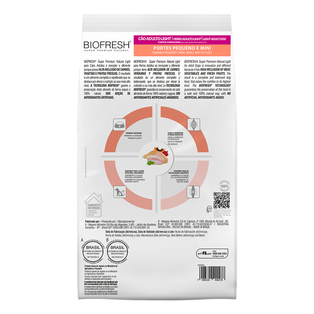 Biofresh perro adulto light razas pequeñas y mini 3 kg alimento seco, cara trasera con la tabla de alimentación