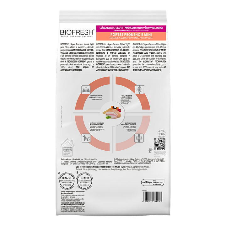 Biofresh perro adulto light razas pequeñas y mini 3 kg alimento seco, cara trasera con la tabla de alimentación