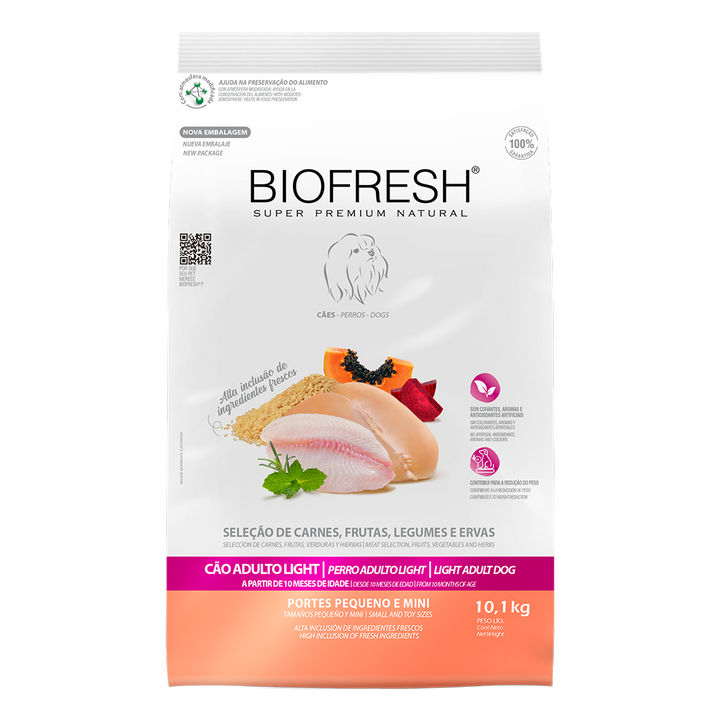 Biofresh perro adulto light razas pequeñas y mini 10.1 kg alimento seco, vista frontal del empaque