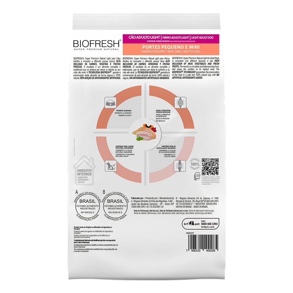 Biofresh perro adulto light razas pequeñas y mini 10.1 kg alimento seco, cara trasera con la tabla de alimentación