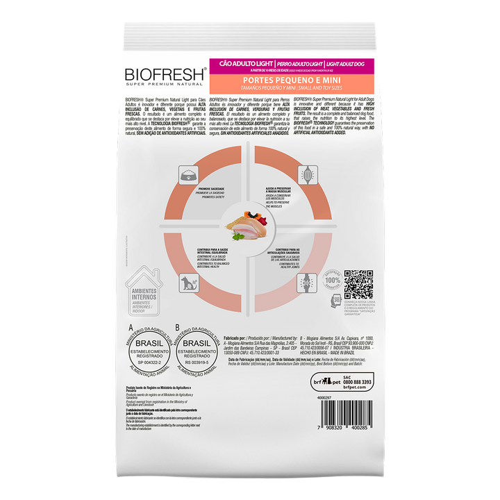 Biofresh perro adulto light razas pequeñas y mini 10.1 kg alimento seco, cara trasera con la tabla de alimentación