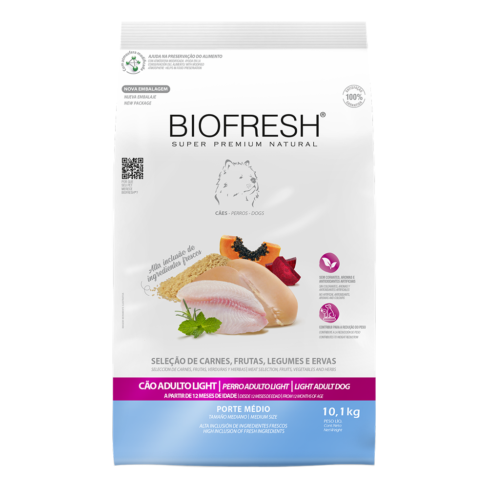Biofresh perro light razas medianas 10.1 kg alimento seco, vista frontal del empaque