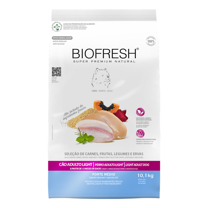 Biofresh perro light razas medianas 10.1 kg alimento seco, vista frontal del empaque