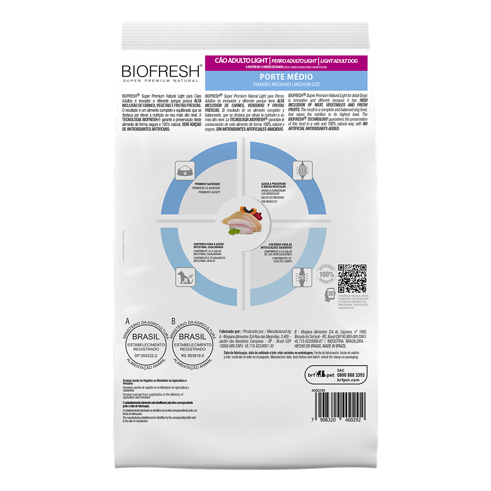 Biofresh perro light razas medianas 10.1 kg alimento seco, cara trasera con la tabla de alimentación
