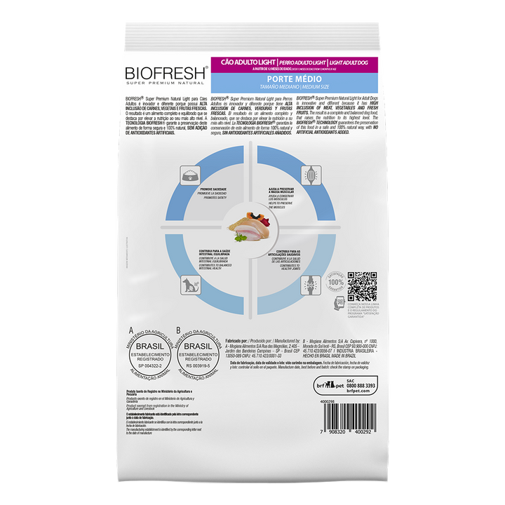 Biofresh perro light razas medianas 10.1 kg alimento seco, cara trasera con la tabla de alimentación