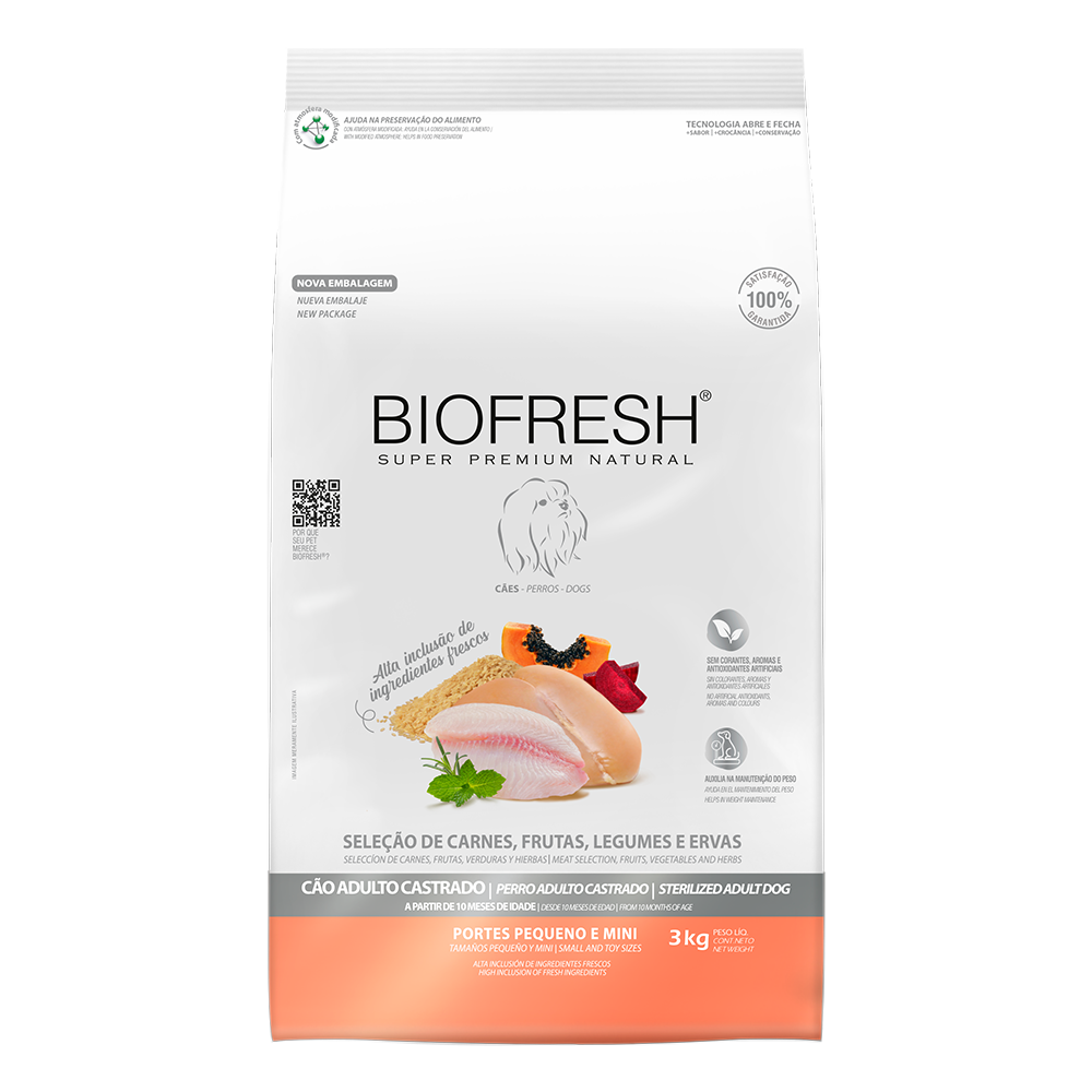 Biofresh perro adulto castrado razas pequeñas y mini 3 kg alimento seco, vista frontal del empaque