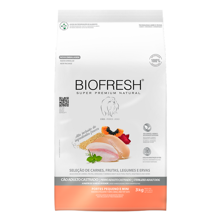 Biofresh perro adulto castrado razas pequeñas y mini 3 kg alimento seco, vista frontal del empaque