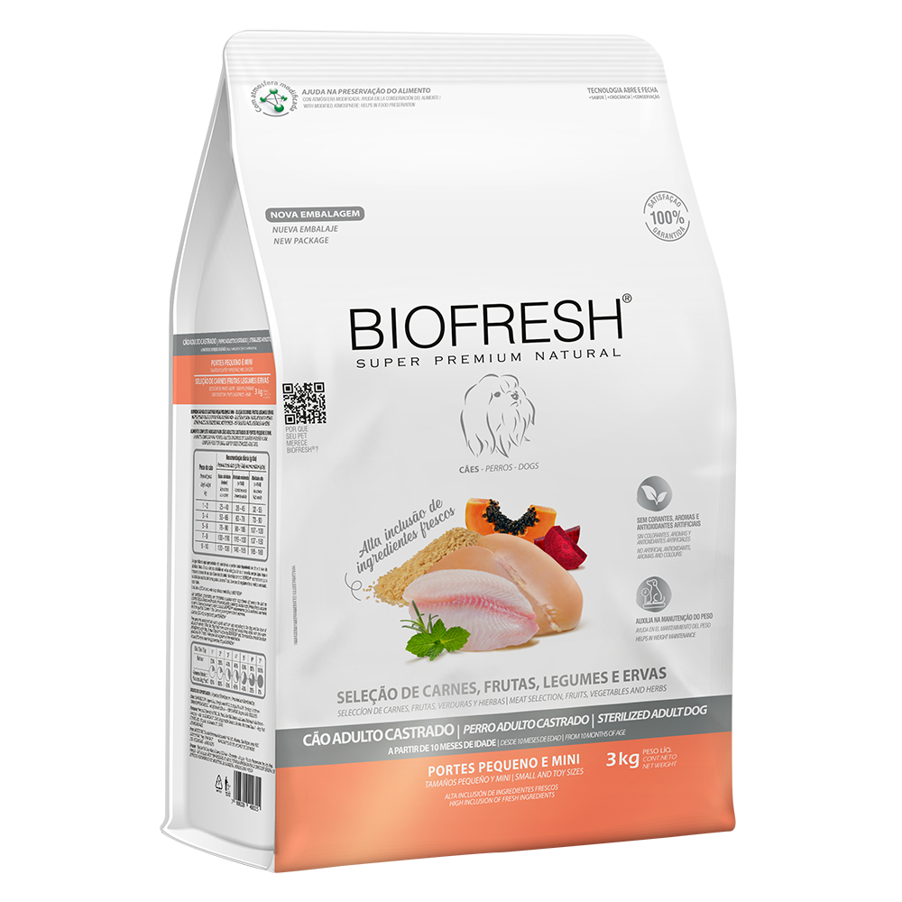 Biofresh perro adulto castrado razas pequeñas y mini 3 kg alimento seco, empaque en perspectiva