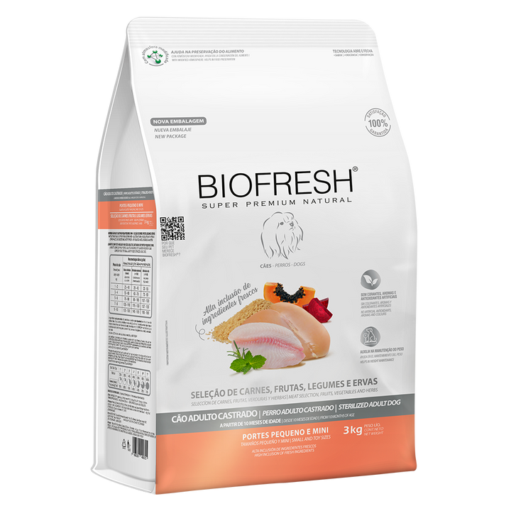 Biofresh perro adulto castrado razas pequeñas y mini 3 kg alimento seco, empaque en perspectiva