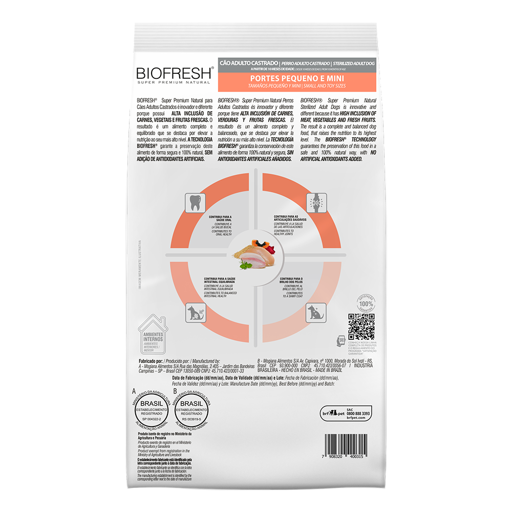 Biofresh perro adulto castrado razas pequeñas y mini 3 kg alimento seco, cara trasera con la tabla de alimentación