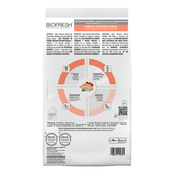 Biofresh perro adulto castrado razas pequeñas y mini 3 kg alimento seco, cara trasera con la tabla de alimentación