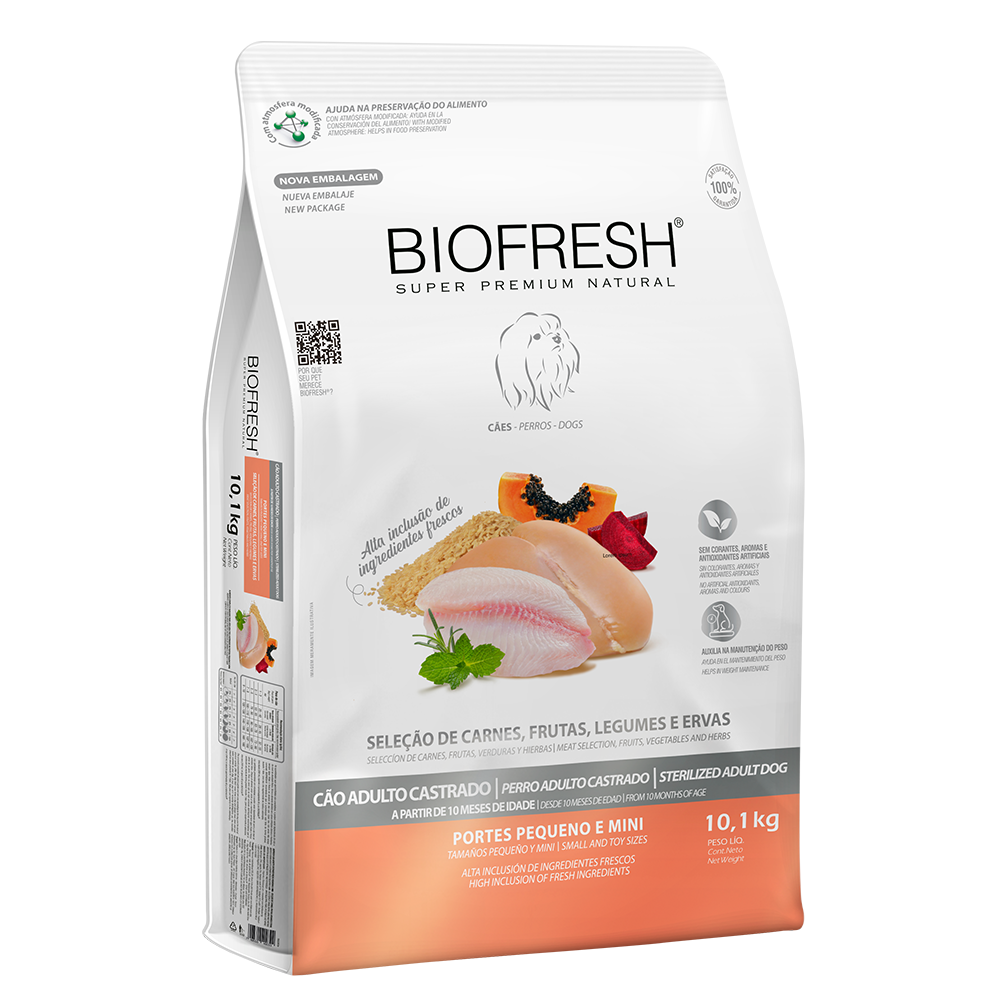 Biofresh perro adulto castrado razas pequeñas y mini 10.1 kg alimento seco, empaque en perspectiva