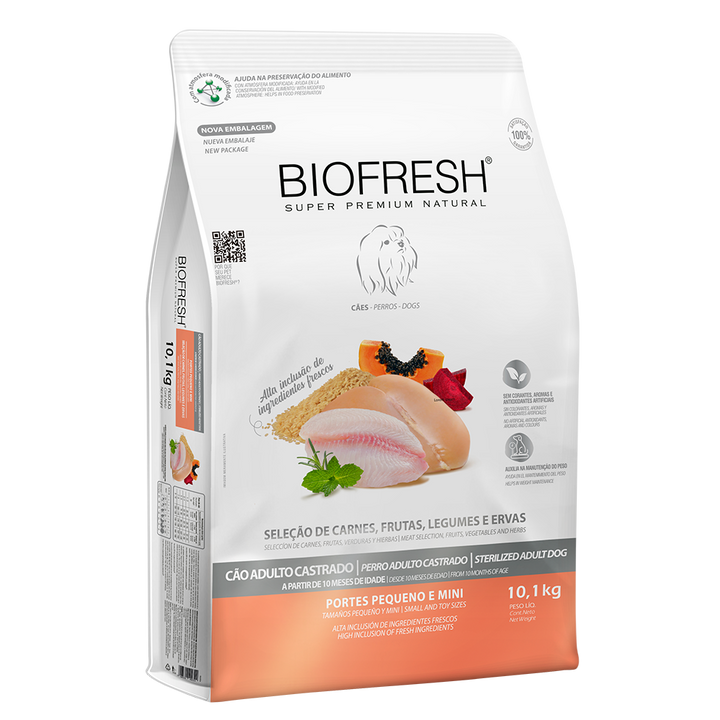 Biofresh perro adulto castrado razas pequeñas y mini 10.1 kg alimento seco, empaque en perspectiva