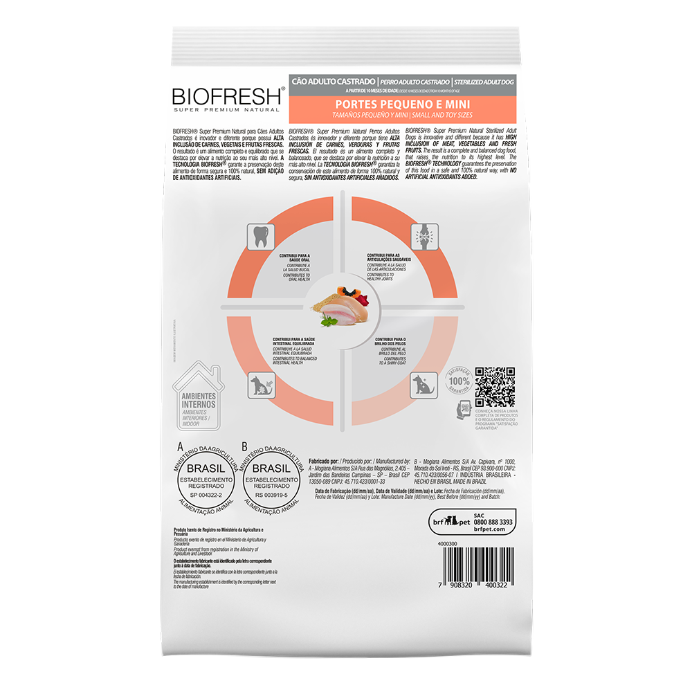 Biofresh perro adulto castrado razas pequeñas y mini 10.1 kg alimento seco, cara trasera con la tabla de alimentación