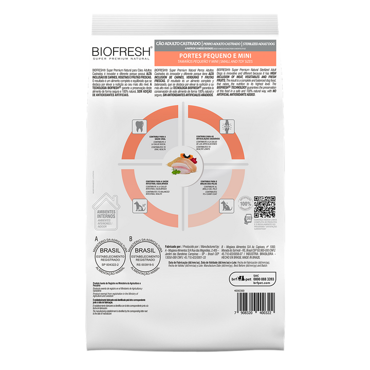 Biofresh perro adulto castrado razas pequeñas y mini 10.1 kg alimento seco, cara trasera con la tabla de alimentación
