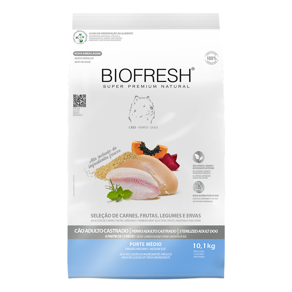 Biofresh perro castrado razas medianas 10.1 kg alimento seco, vista frontal del empaque