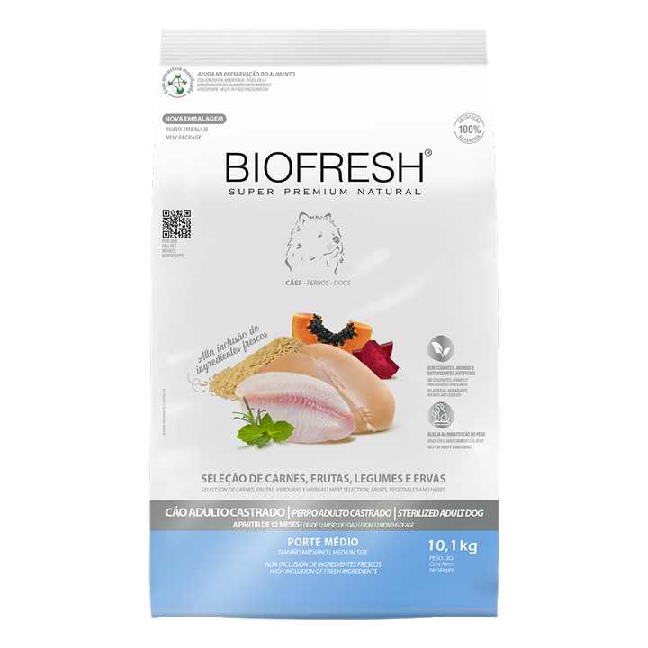 Biofresh perro castrado razas medianas 10.1 kg alimento seco, vista frontal del empaque
