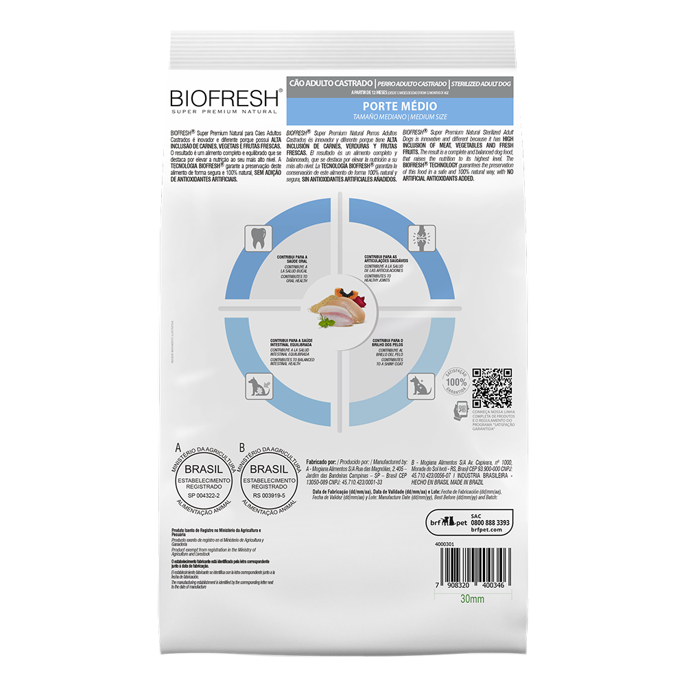 Biofresh perro castrado razas medianas 10.1 kg alimento seco, cara trasera con la tabla de alimentación