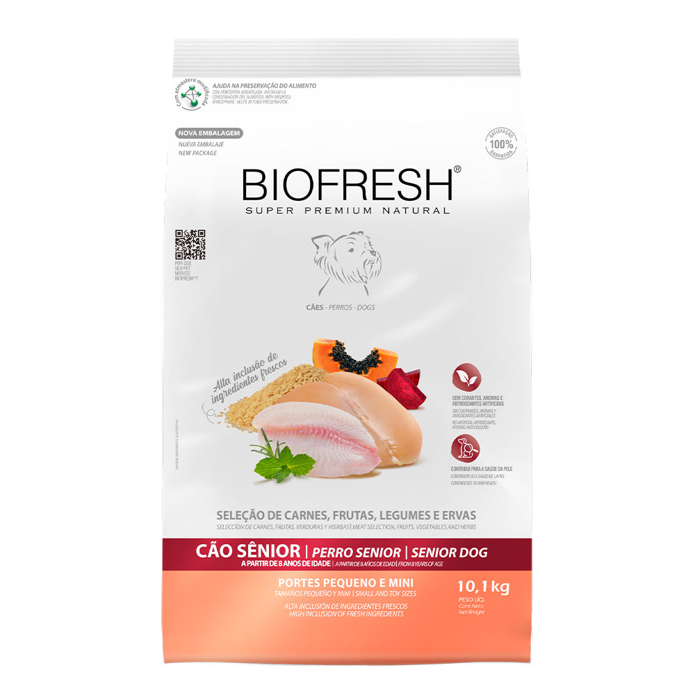 Biofresh perro senior razas pequeñas y mini 10.1 kg alimento seco, vista frontal del empaque