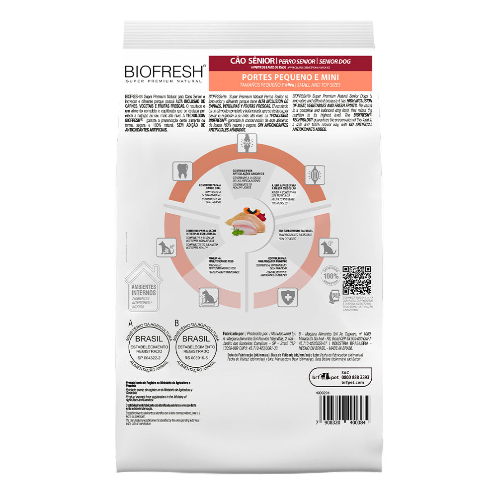 Biofresh perro senior razas pequeñas y mini 10.1 kg alimento seco, cara trasera con la tabla de alimentación