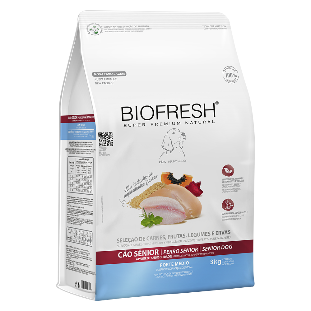 Biofresh perro senior razas medianas 3 kg empaque vista ángulo derecho