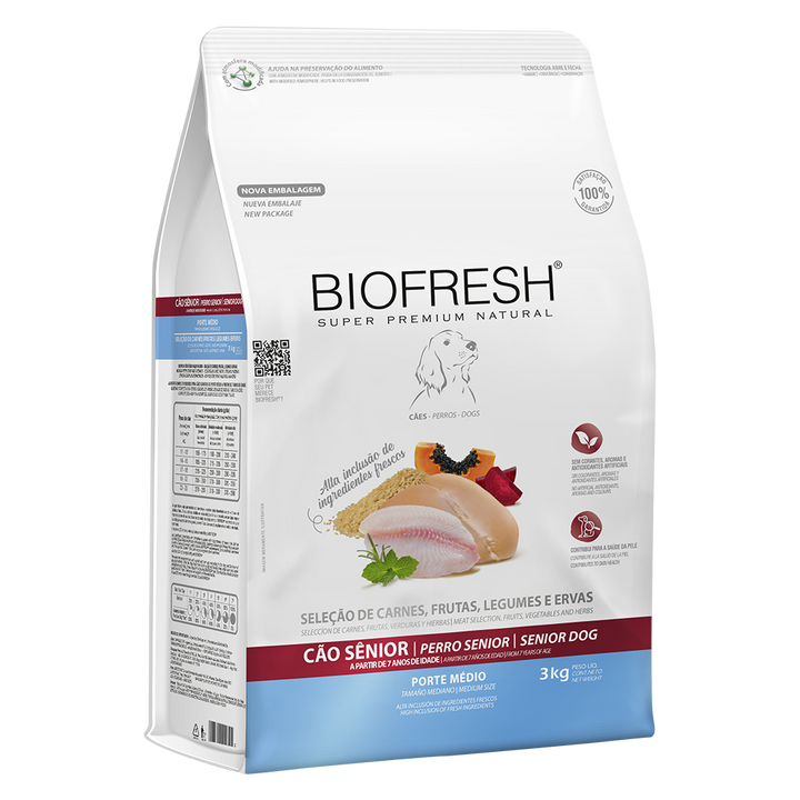 Biofresh perro senior razas medianas 3 kg empaque vista ángulo derecho