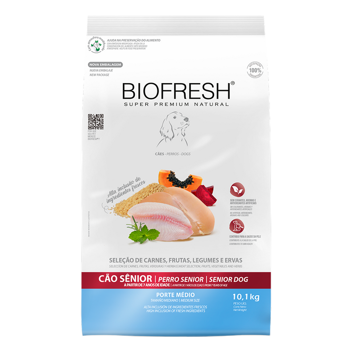 Biofresh perro senior razas medianas 10.1 kg alimento seco, vista frontal del empaque