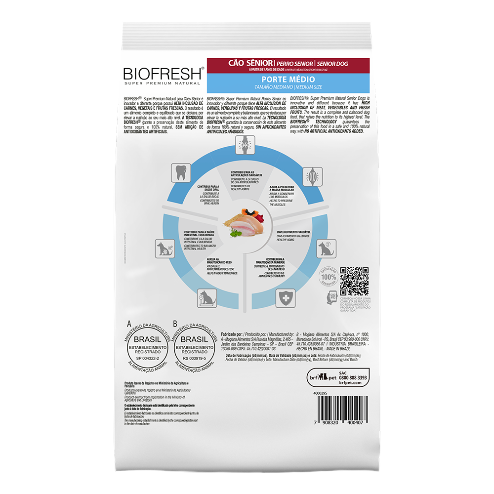 Biofresh perro senior razas medianas 10.1 kg alimento seco, cara trasera con la tabla de alimentación
